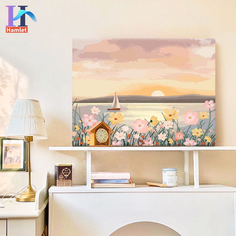 Bộ tranh sơn dầu Hamlet tô màu theo số họa tiết phong cảnh mặt trời mọc và hoa tulip làm quà tặng trang trí cỡ 40*50cm