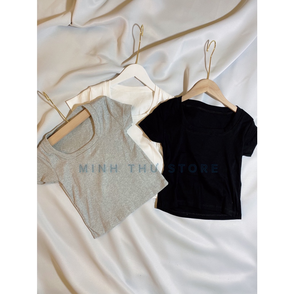 Áo Thun Croptop Nữ Cổ Vuông Cotton Dày Mịn Cực Đẹp, Áo Thun Nữ Tay Cộc Croptop