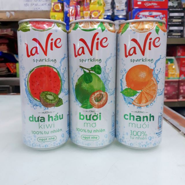 Thùng 24 Lon Nước giải khát có gas LaVie Sparkling hương Chanh bạc hà / Dưa Hấu kiwi/ Bưởi Mơ/Chanh muối 330ml