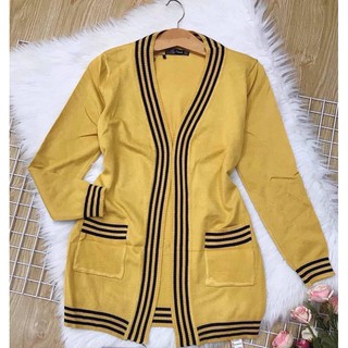 Áo khoác len cardigan nữ viền sọc form dài
