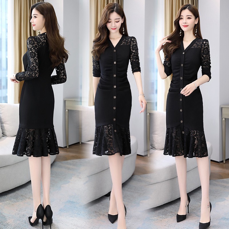 Đầm body dự tiệc phối ren đính nút sang chảnh nổi bật cho quý cô/ có size 70KG LANA FASHION