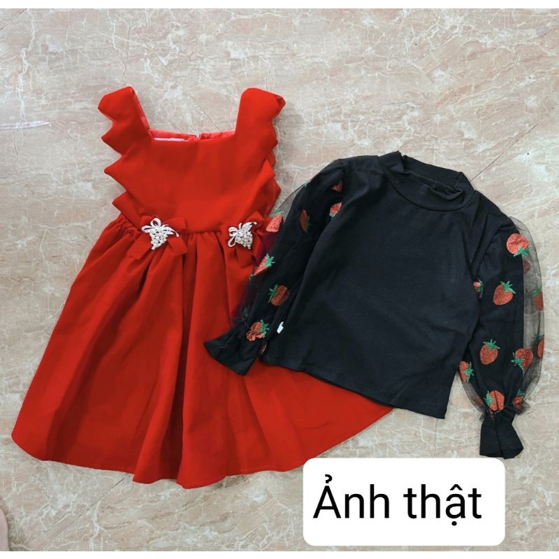 Sét áo váy nhung đỏ bé gái chất đẹp sang chảnh