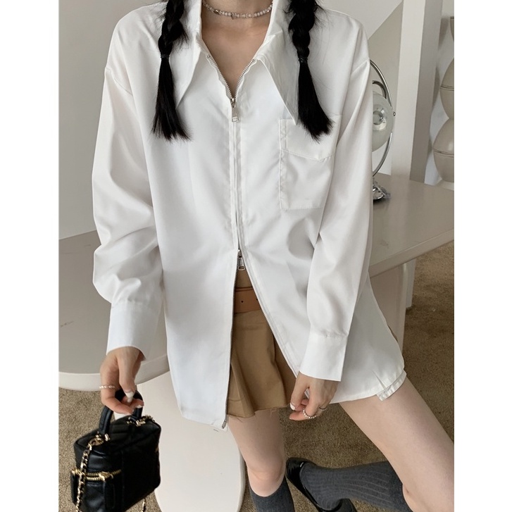 QKOOLE Áo sơ mi  tay dài dáng rộng màu trơn có khóa kéo đôi phong cách Hàn Quốc cho nữ