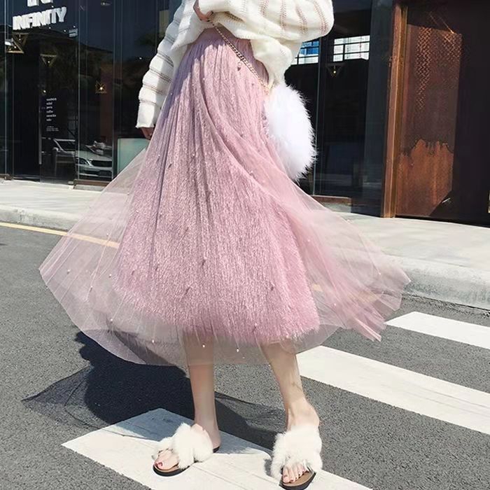 ✷▼Viền váy 2018 mùa thu/mùa đông mới của Hàn Quốc Phiên bản pleated trên dài trăm fluffy thủy triều