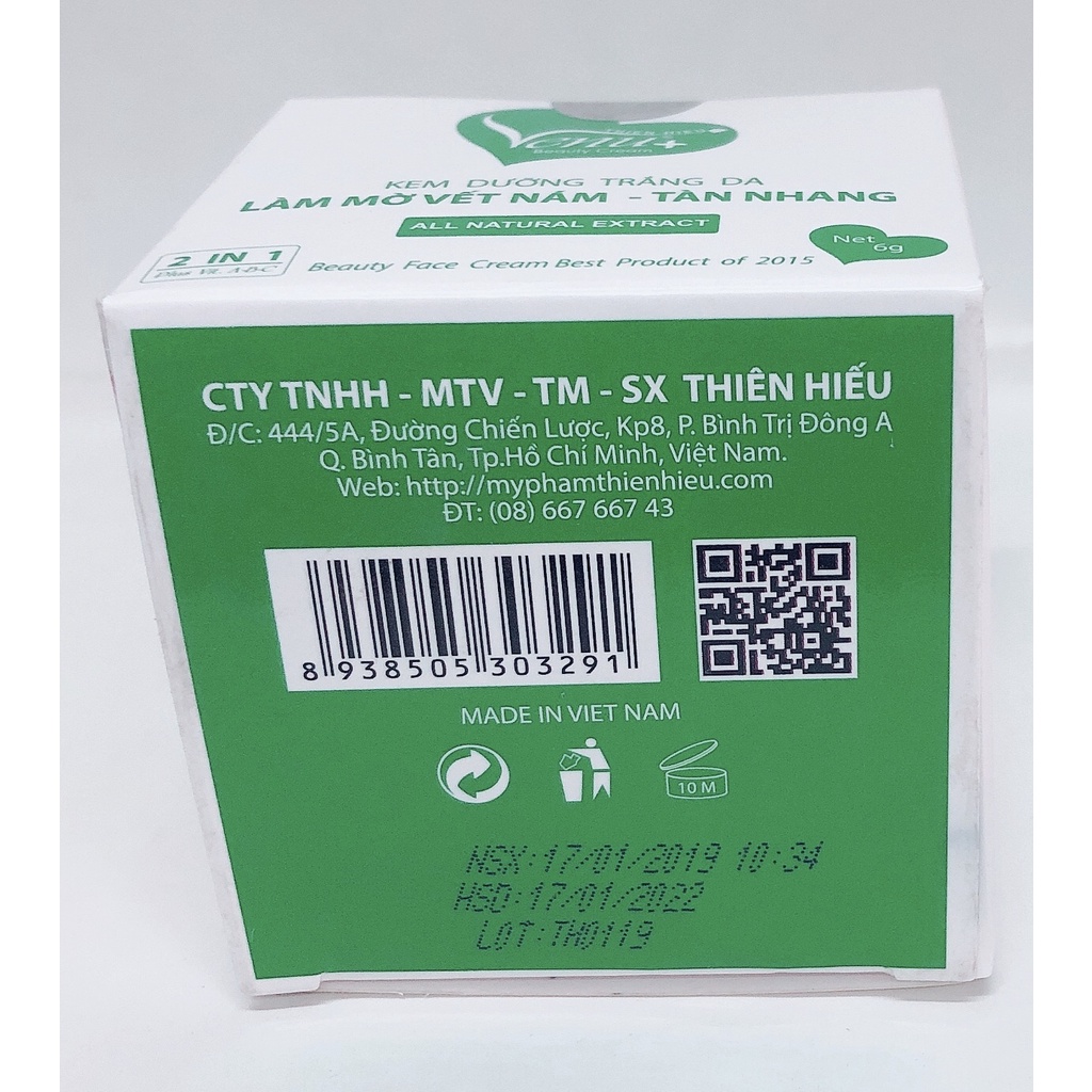 Kem Dưỡng Trắng Da Làm Mờ Vết Nám Tàn Nhang Venu Thiên Hiếu 6g