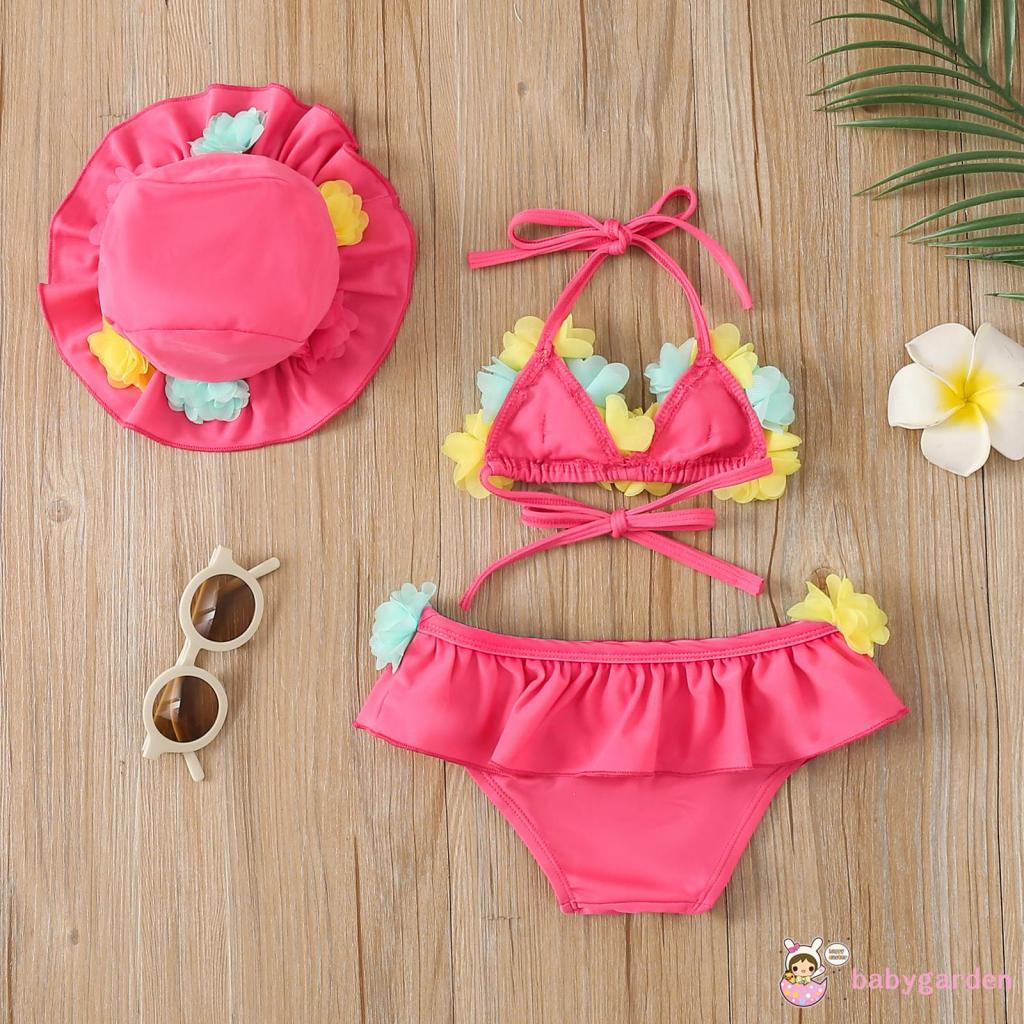 Bộ Đồ Bơi Ba Mảnh Cổ Yếm In Hoa Chống Nắng Dành Cho Bé Gái 0-24 Tháng Tuổi