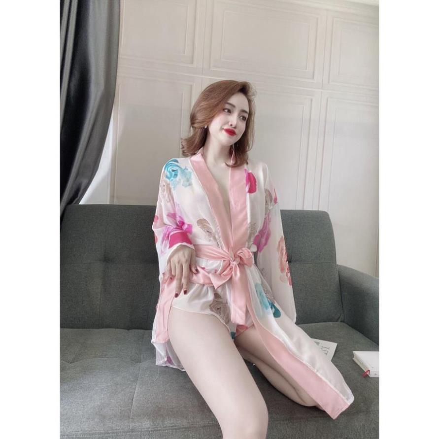 Áo Choàng Ngủ Sexy, Áo Ngủ Kimono Sexy, Áo Choàng Xuyên Thấu Chất Voan Hoa Phối Quần Satin Trơn Cao Cấp, Gợi Cảm, Thu Hú | BigBuy360 - bigbuy360.vn