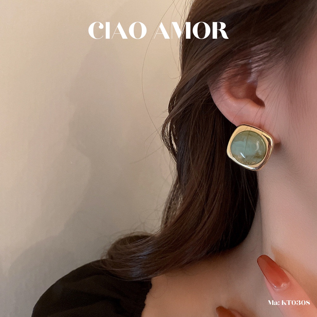 Khuyên tai ngọc to xanh ngọc da viền cạnh Trang sức Ciao Amor - KT0308