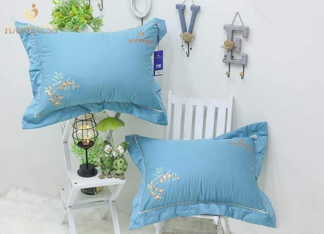 Bộ Ga Gối Happiness Chun Chần Màu Thêu Siêu Đẹp, ga chun trần kèm 2 vỏ gối 45x65cm - đủ kích cỡ, hàng chính hãng