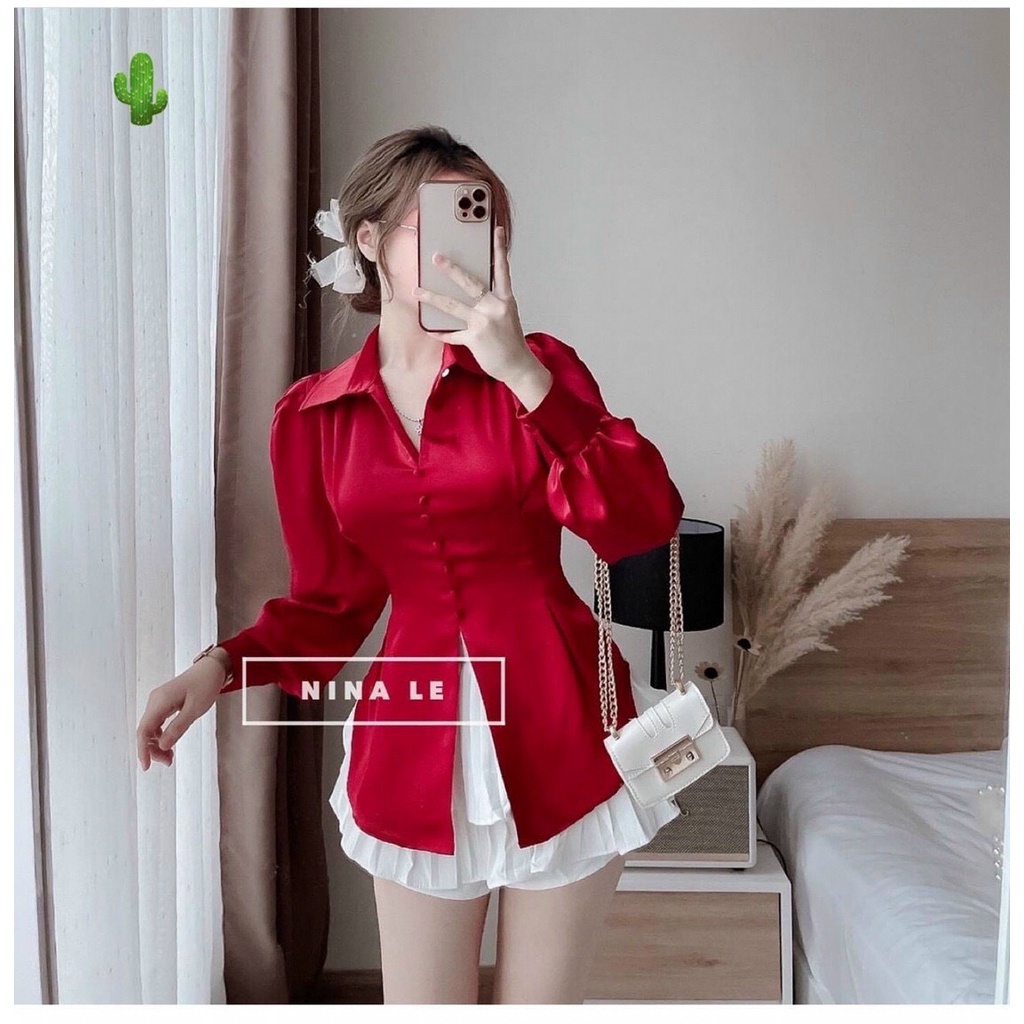 Áo sơ mi phi lụa nút bộc buộc nơ lưng xinh pc