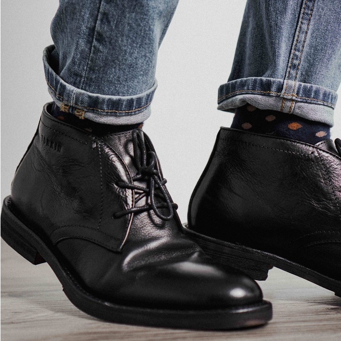 Giày boot công sở nam CHUKKA cổ lửng màu đen, giày văn phòng da bò thật TONKIN