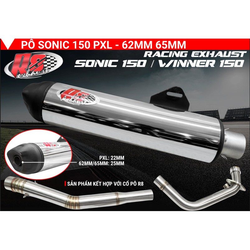 PÔ TĂNG BÔ GIẢ ZIN SONIC  HIỆU R8 RACING / CỔ PÔ R8 INOX 304 NHẬP  EX135 4 SỐ 5 SỐ EX150 SONIC- WINNER SATRIA RAIDER