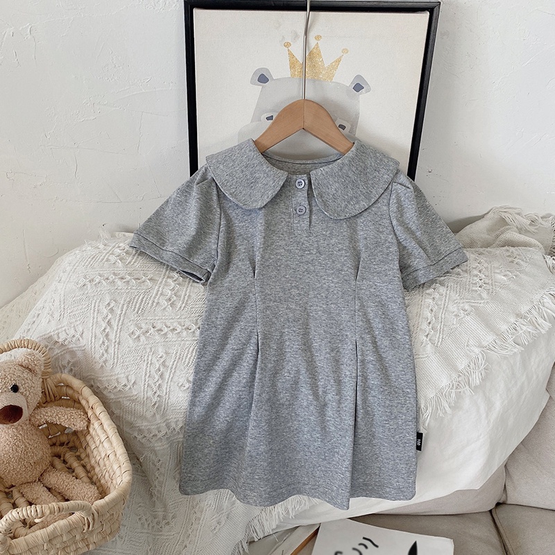 Đầm Cotton Ngắn Tay Cổ Búp Bê Phong Cách Hàn Quốc Cho Bé Gái