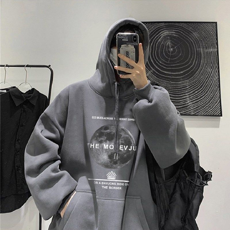Áo hoodie dáng rộng in hình mặt trăng thời trang Hàn Quốc dành cho nam