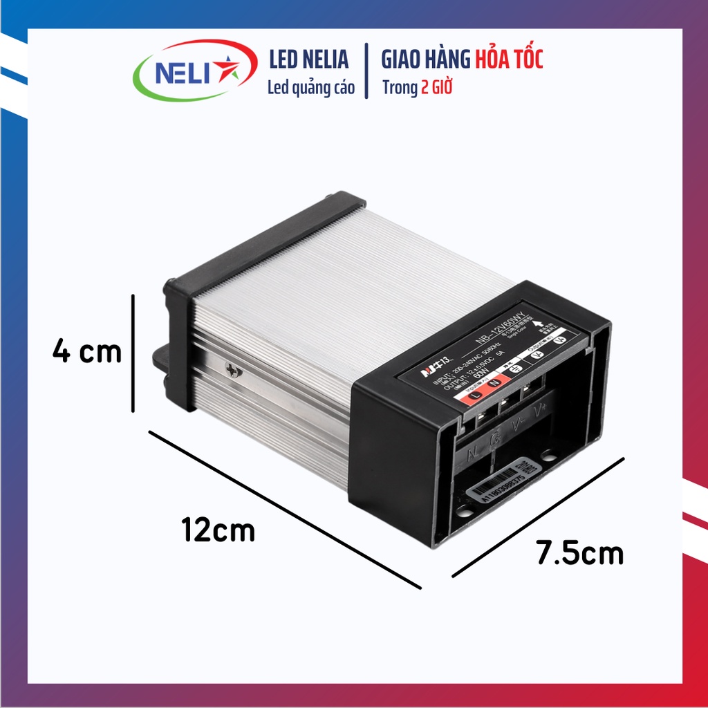 Nguồn LED 12V 60W - 12V 5A chống nước vỏ nhôm chính hãng thương hiệu NB.