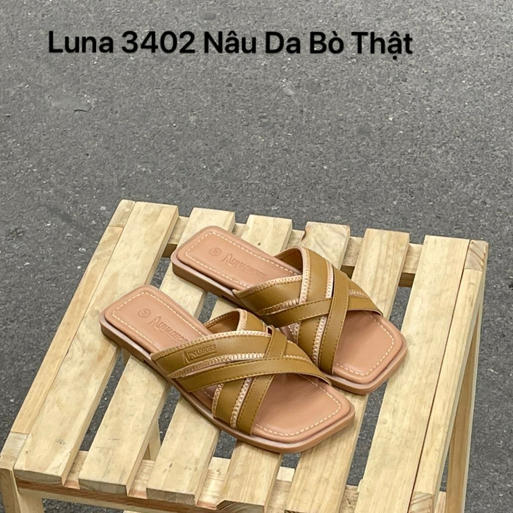 Dép quai chéo nữ đế bệt LUNASHOES 3402 da bò mềm mũi hở êm chân