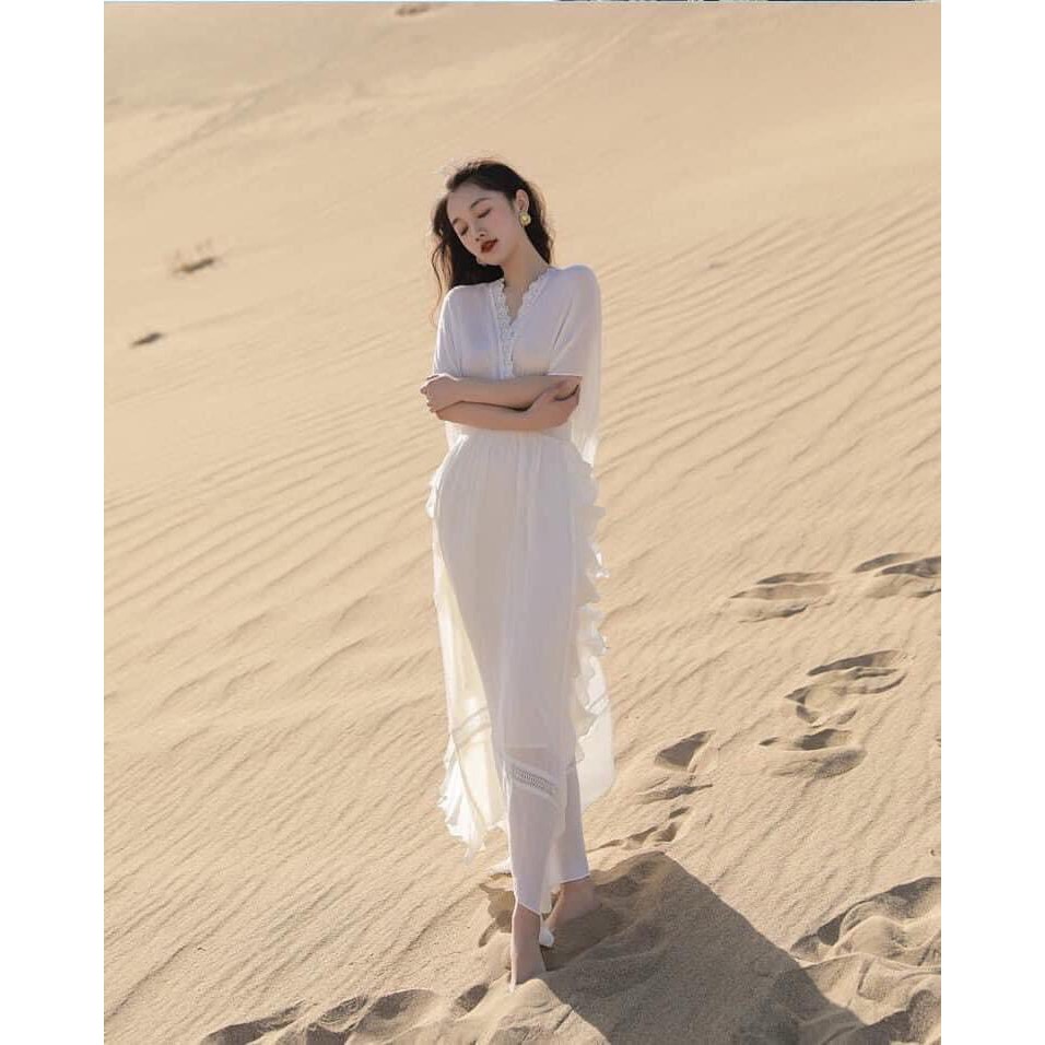 Đầm váy maxi trắng phối bèo