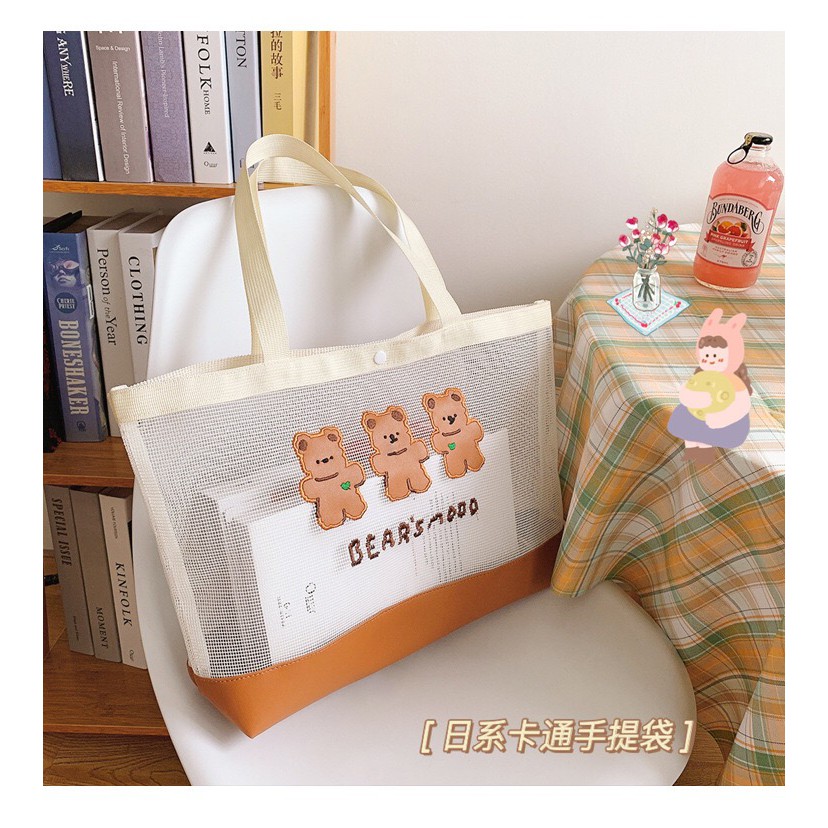 Túi đeo vai chất liệu sợi lưới họa tiết chú gấu màu cam phong cách Hàn Quốc thời trang cho nữ Bentoy Milkjoy