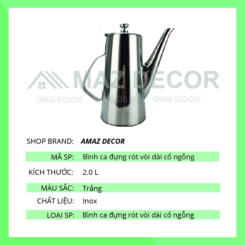 Giá sỉ tại xưởng Bình Ca đựng rót vòi dài cổ ngỗng pha trà cà phê đựng nước lọc 2 lít dày dặn sáng bóng