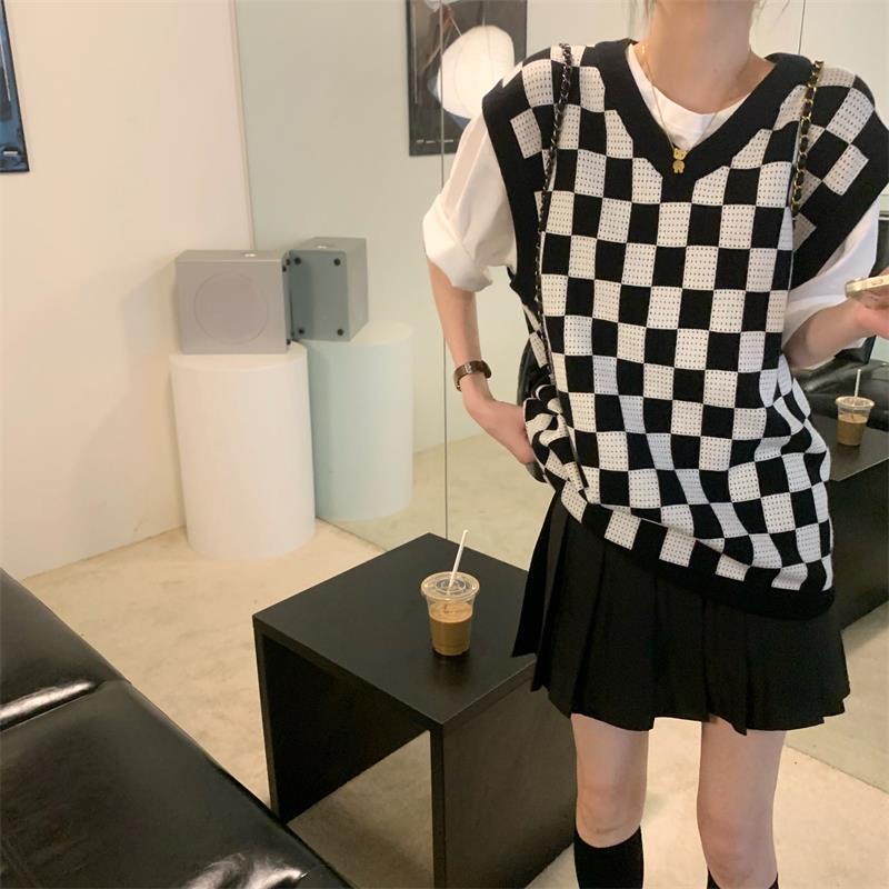 Áo Len Không Tay Cổ Chữ V Form Rộng Họa Tiết Sọc Caro Thiết Kế Mới Thời Trang Theo Phong Cách Hàn Quốc Cho Nữ