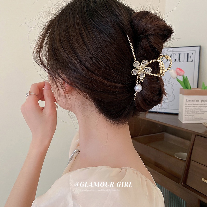 Kẹp Tóc Càng Cua Kim Loại Hàn Quốc Phối Hoa Mai Pha Lê Đính Hạt Ngọc Siêu Đẹp Mainia Shop