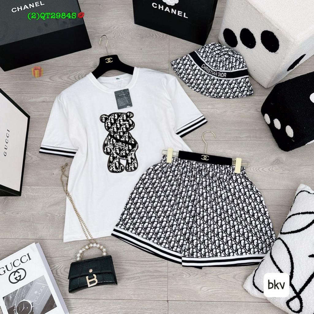 set bộ áo in gấu quần short in toàn quần thun gân mềm