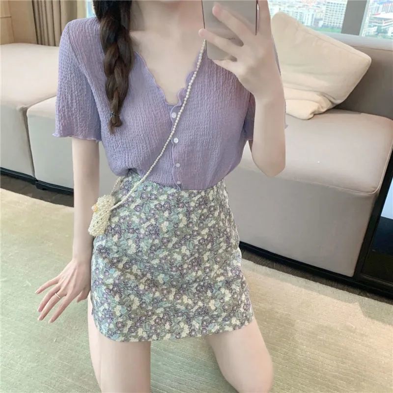 Bộ Áo Voan Tím Cổ Chữ v Tay Ngắn + Chân Váy Xếp Ly Thời Trang Cho Nữ 2022 JL-TX-178