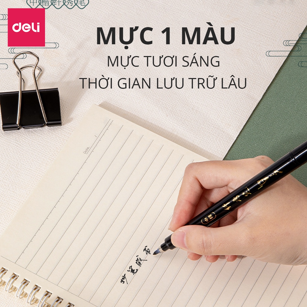 Bút viết thư pháp chữ Hán Calligraphy Deli - brush pen nhiều kích cỡ ngòi, có thể đổ thêm mực