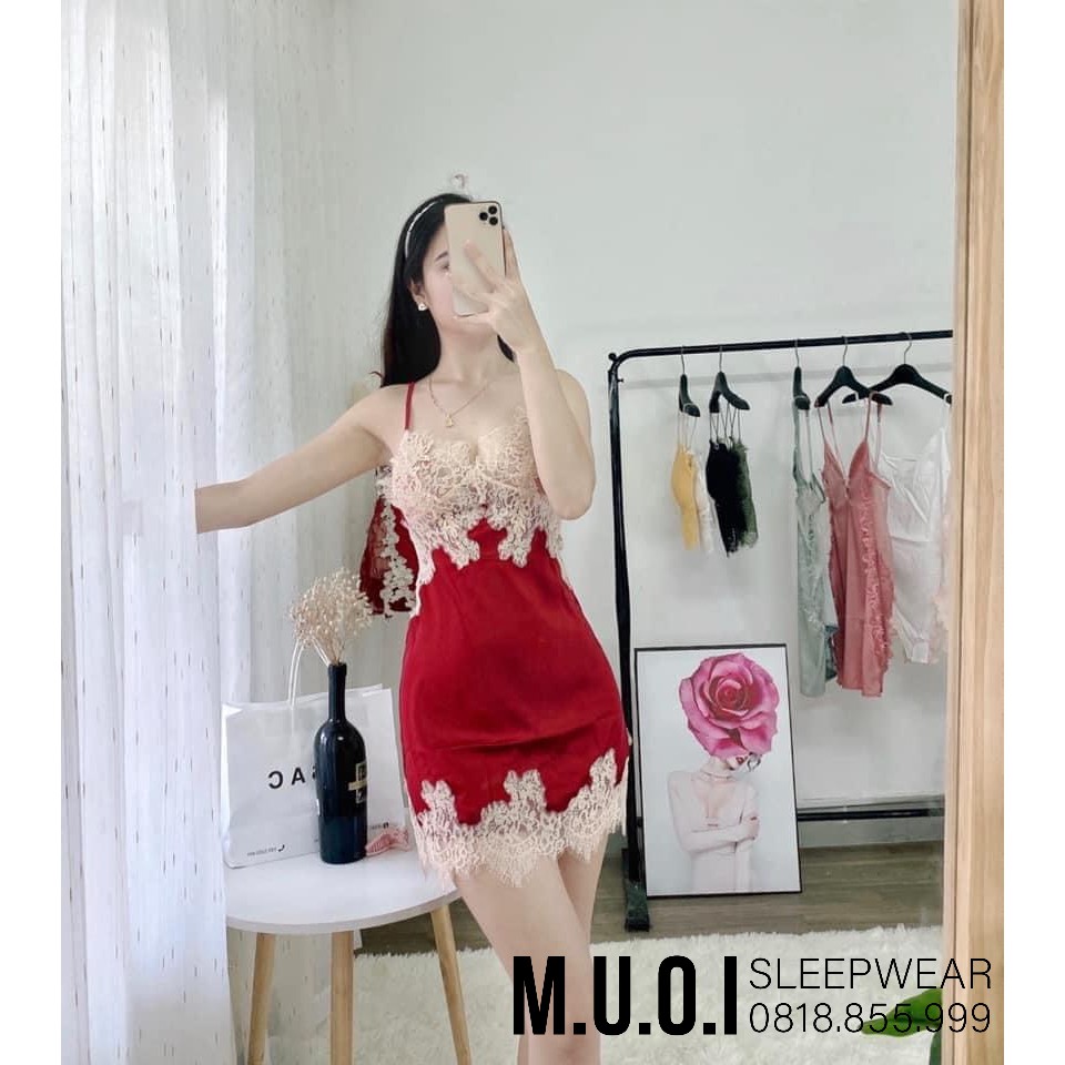 SX 066 -Váy ngủ phối ren ngực xinh đan dây lưng sexy QUẢNG CHÂU cao cấp - Hàng có sẵn( video kèm ảnh thật)