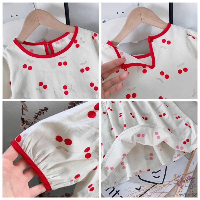 Korean Kids Girls Fashion Sweet Style Cherry Print Lantern Sleeve Design Dress