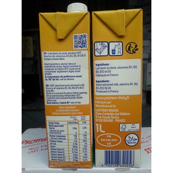 Sữa Tươi Ít Béo Vitamin Promess 1L - Nhập Khẩu Pháp