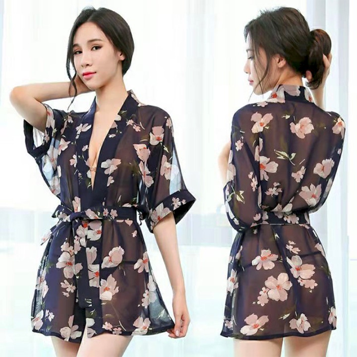 Áo choàng ngủ xuyên thấu sexy tay ngắn kiểu kimono in hoa sang trọng BT42229