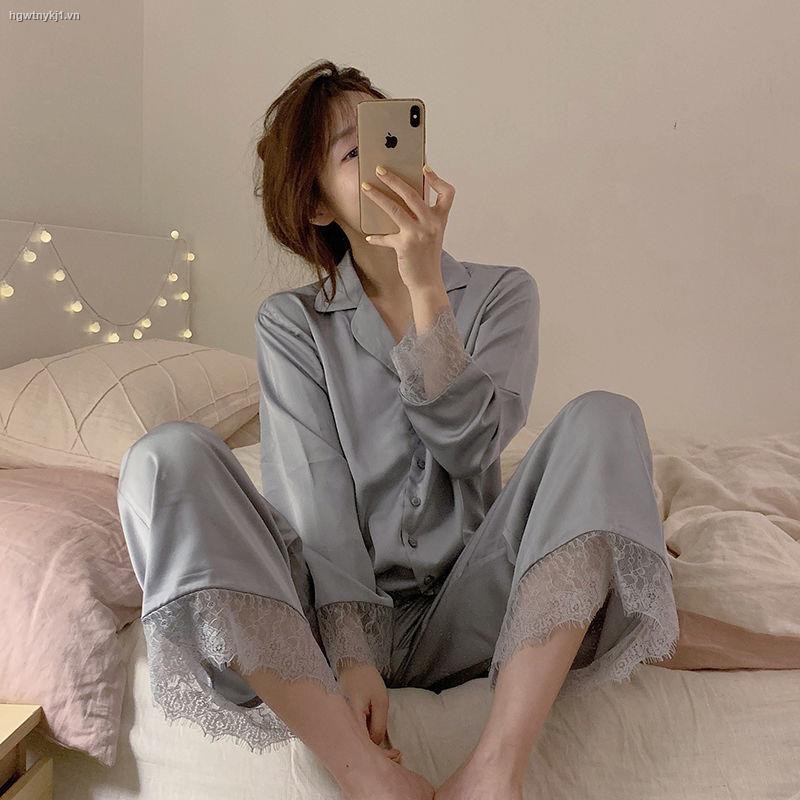 Bộ Pijama Dài Tay Vải Lụa Phối Ren Gợi Cảm Cho Nữ