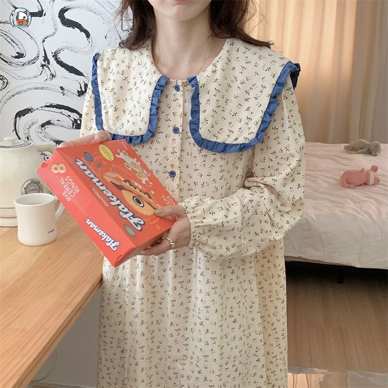 Bộ Đồ Ngủ Tay Dài Cổ Thủy Thủ Bằng Vải cotton In Hoa Thời Trang Mùa Thu Hàng Mới Dành Cho Bạn Nữ