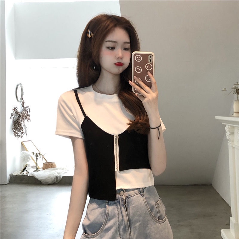 Áo Thun Ngắn Tay Giả Hai Lớp Phong Cách Hàn Quốc Thời Trang Mùa Hè Mới 2022 Dành Cho Nữ