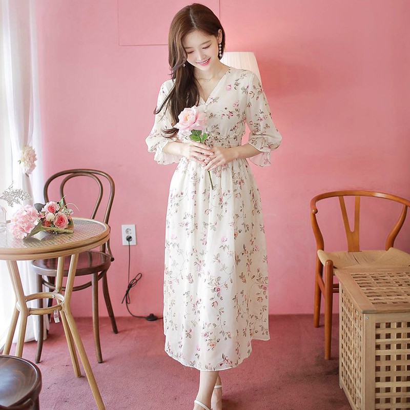 Đầm vintage hoa nhí dáng xòe cổ V chất vải chiffon đẹp - SKA