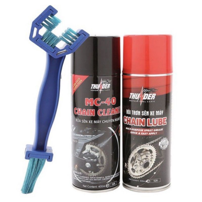 [Mẫu Mới] Combo bảo dưỡng sên chống văng Thunder Chain Lube 400ml và Rửa sên MC - 40 Tặng kèm Bàn chải vệ sinh sên