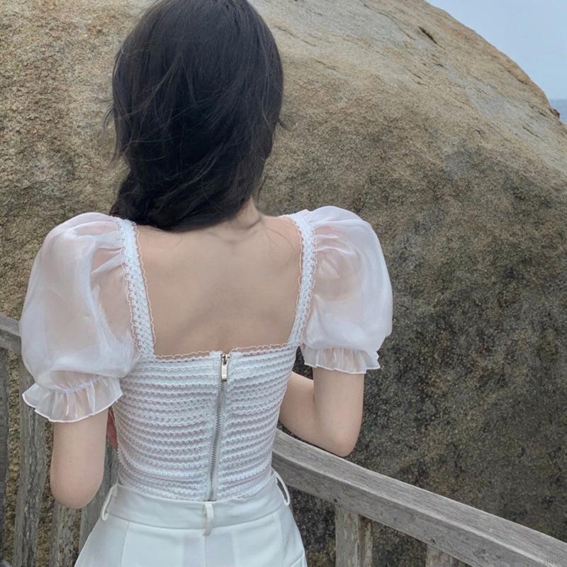 Áo Thun Ngắn Tay Cổ Vuông Phối Ren Gợi Cảm Cho Nữ Day6