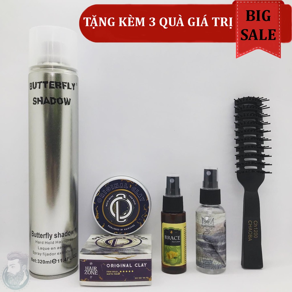 ✅[TẶNG 3 QUÀ]{Combo} Sáp Vuốt Tóc Original Clay Và Gôm Xịt Tóc Butterfly 320ml + Tặng Pre Styling, Hair Lotion & Lược