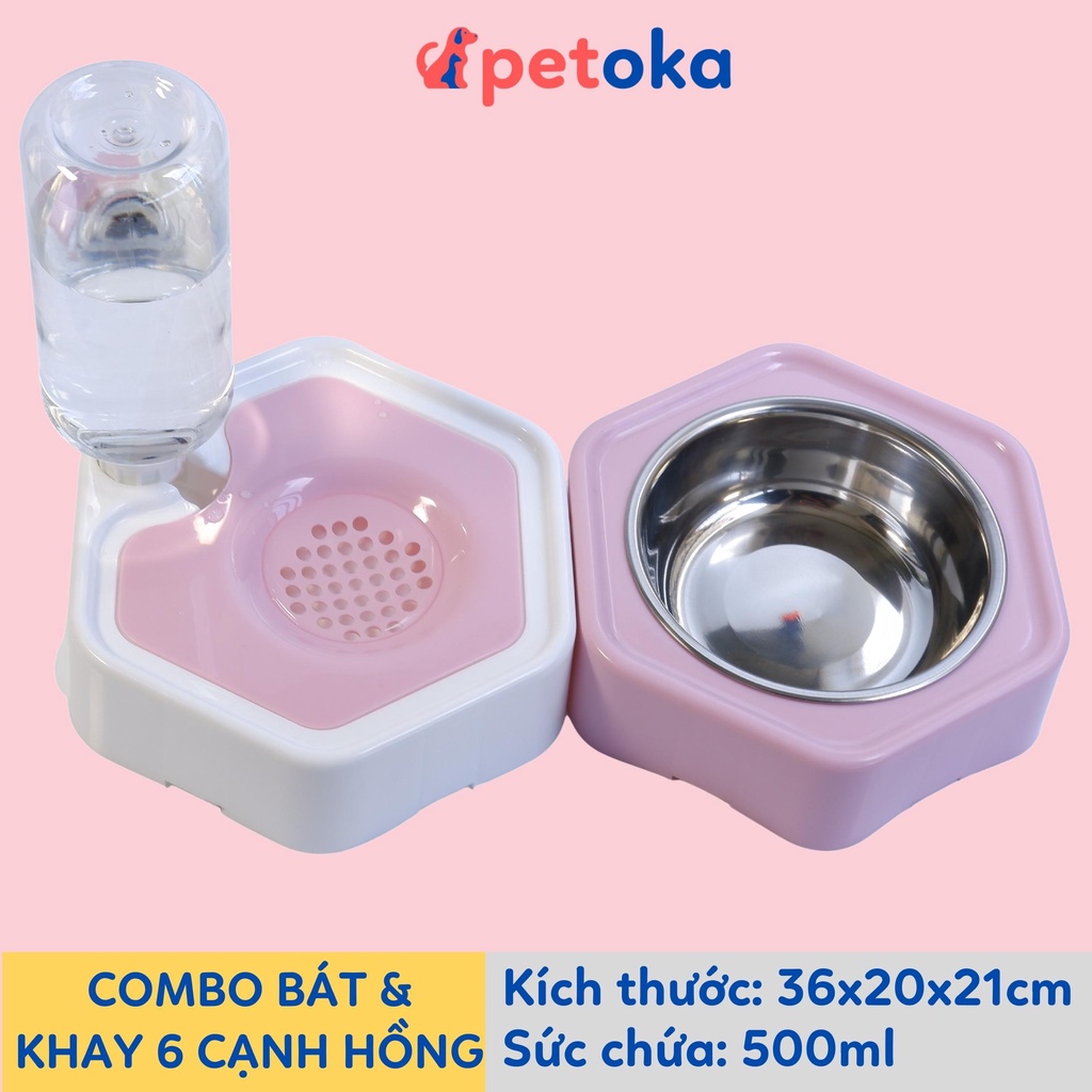 Bát cho chó mèo ăn, khay nước tự động lắp ghép thành bộ cho thú cưng kèm bình 500ml Petoka