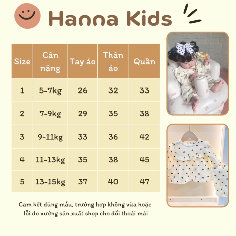 Bộ xô muslin dài tay thu đông thời trang cho bé trai/ bé gái từ 5-15kg