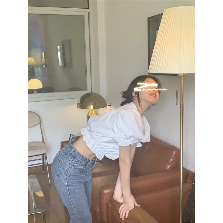 Áo Kiểu Tay Phồng Cổ Búp Bê Phối Ren Phong Cách Hàn Quốc Dễ Thương