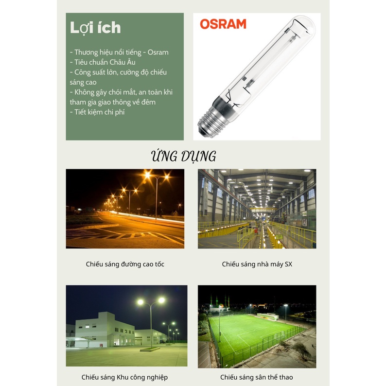 Bóng đèn cao áp SON-T 250W OSRAM đui E40 ánh sáng vàng - Hàng chính hãng