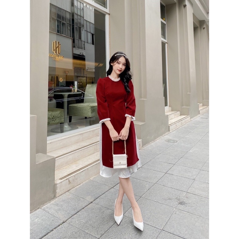 SET Áo dài đỏ nhung cổ bèo kèm chân váy lụa mềm trắng | BigBuy360 - bigbuy360.vn