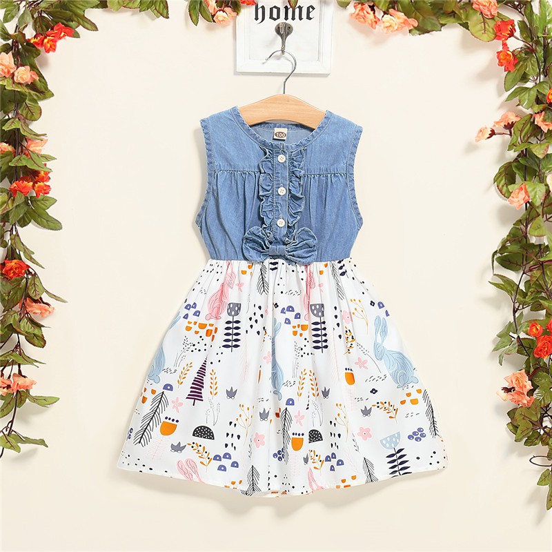 Đầm MIKRDOO vải denim không tay in họa tiết hoa trái cây thời trang mùa hè cho bé gái 1-5 tuổi