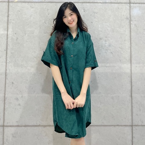 Váy sơ mi nhung tăm dáng suông tay lỡ form rộng vạt bầu, Đầm sơ mi dáng suông tay ngắn nhung tăm khuy tay Ulzzang