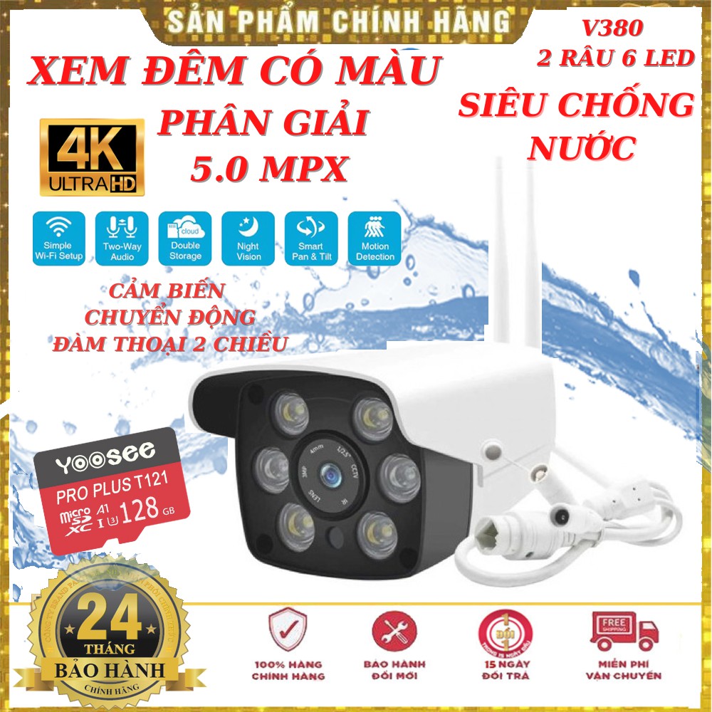 Camera wifi ngoài trời V380Pro 2 râu 6Led 5MPX - Ngoài Trời 2 Râu,Đàm Thoại 2 Chiều,Đêm Có Màu,Chống Nước