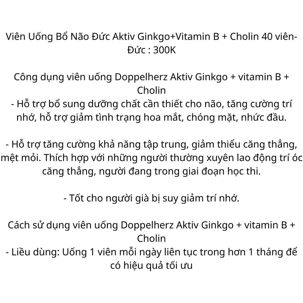 Uống Bổ Não Đức Aktiv Ginkgo+Vitamin B + Cholin 40 viên( Hàng Chuẩn Đức)