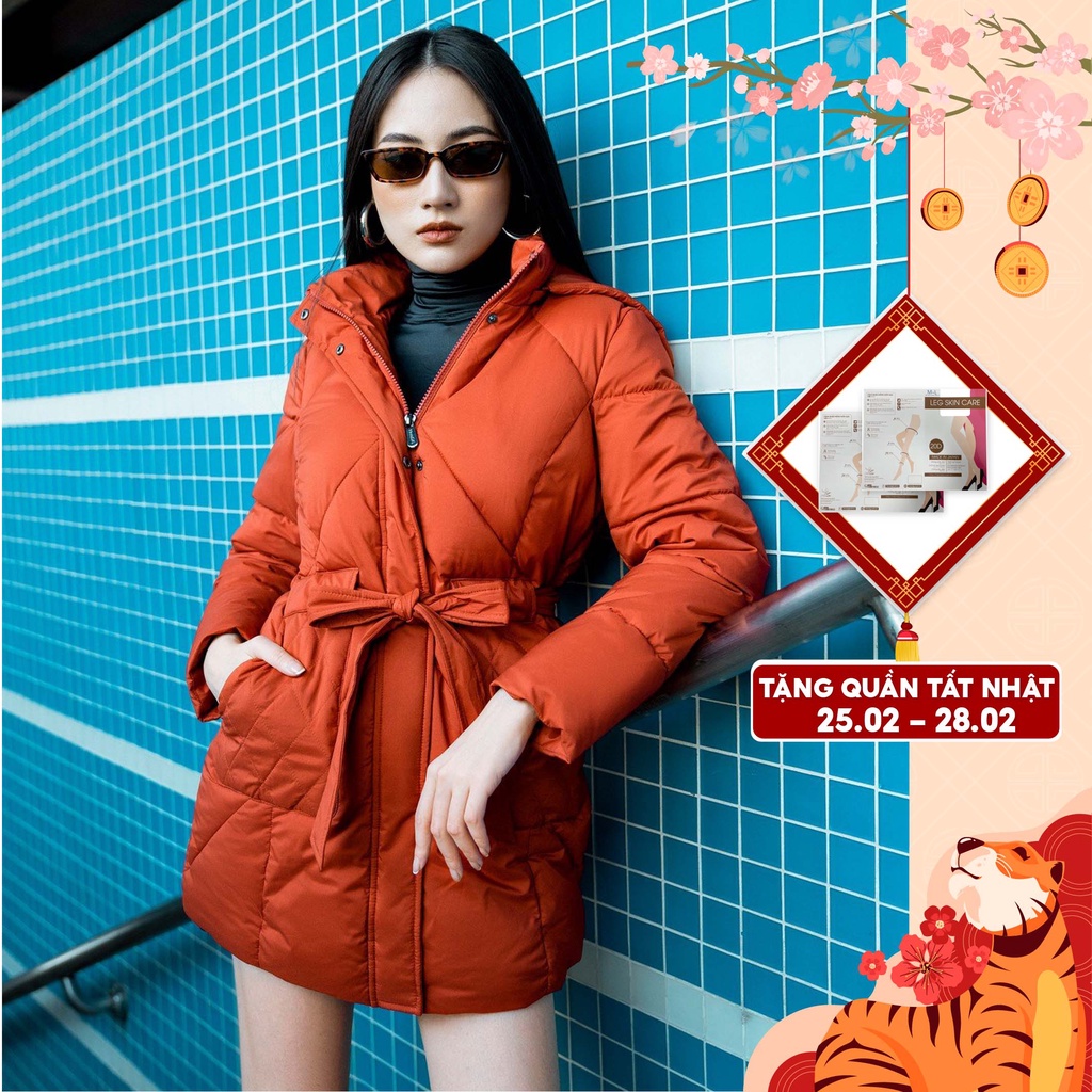 Áo Khoác Phao Nữ Dáng Lỡ HeraDG Túi Chéo Kèm Mũ Và Dây Đai Eo, 3 Lớp Vải Gió Chống Nước Chống Bám Bụi WJKBA21