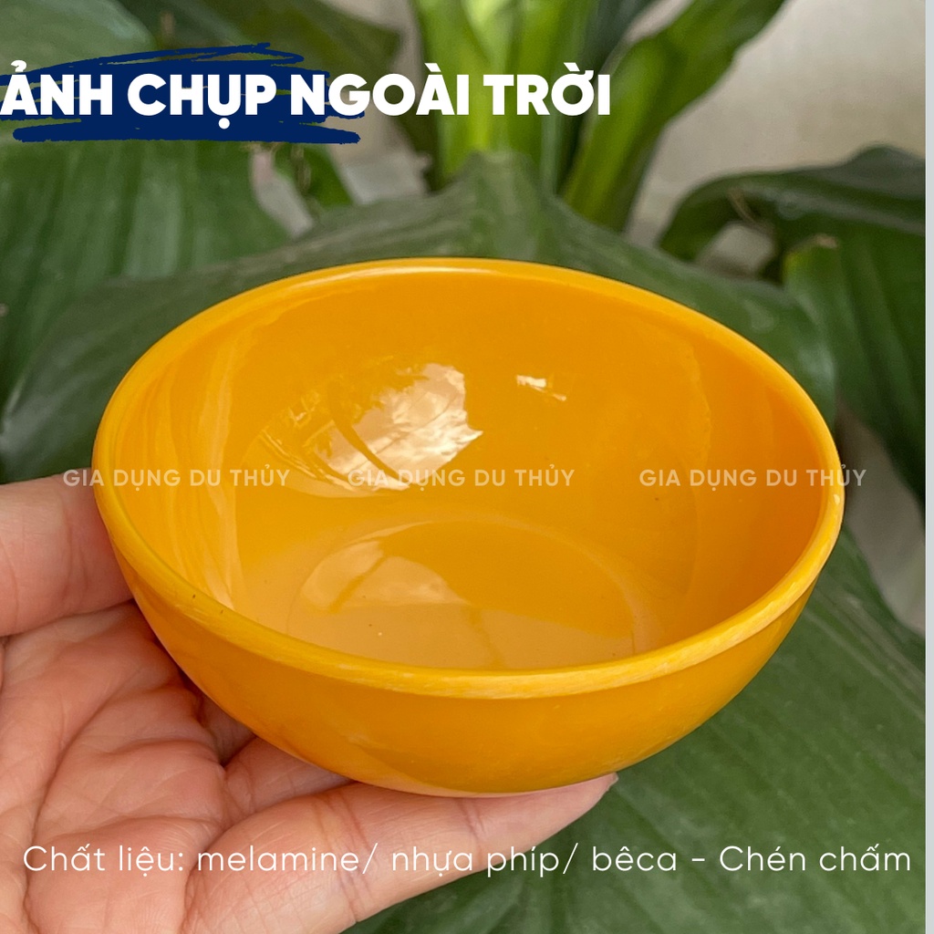 Dĩa chấm, chén nước mắm nhựa melamine nhựa phíp hình tròn, hình oval, màu trắng, vàng, xanh, hoa văn màu đỏ màu xanh